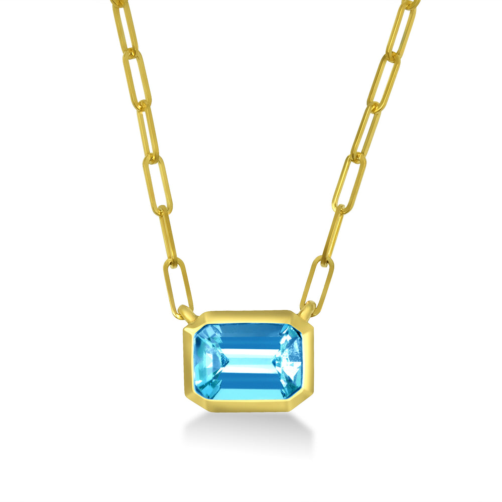 Emerald Cut Blue Topaz Paperclip Necklace