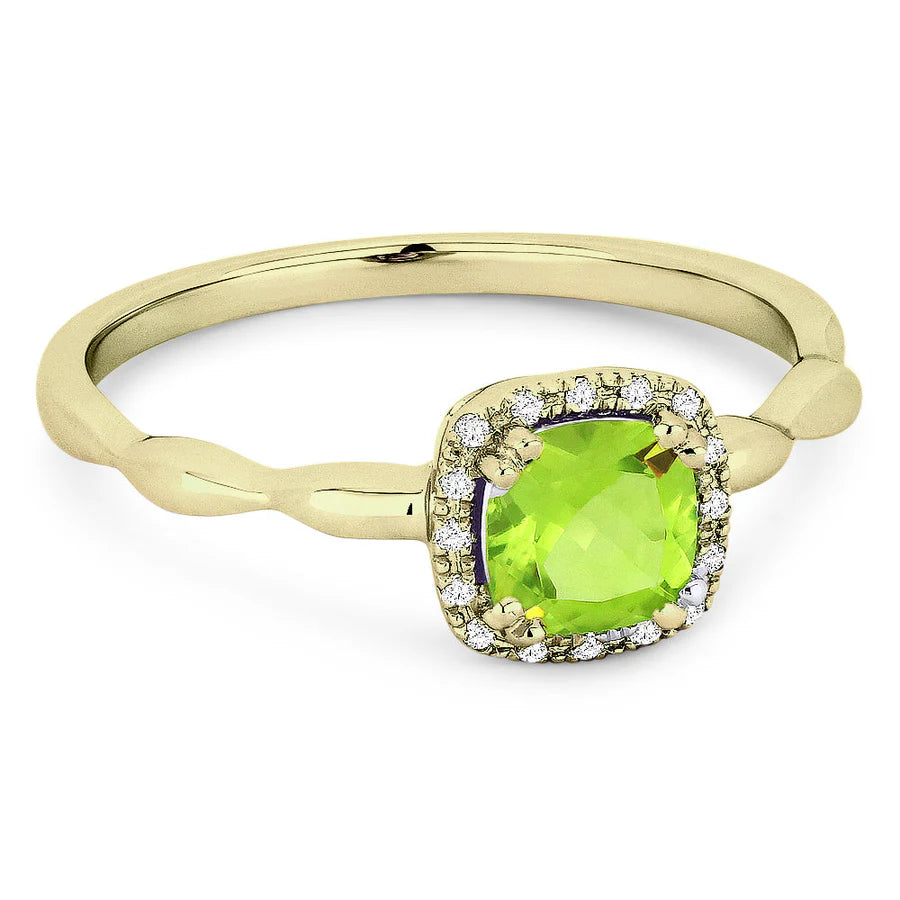 Cushion Cut Peridot and Diamond Halo Ring