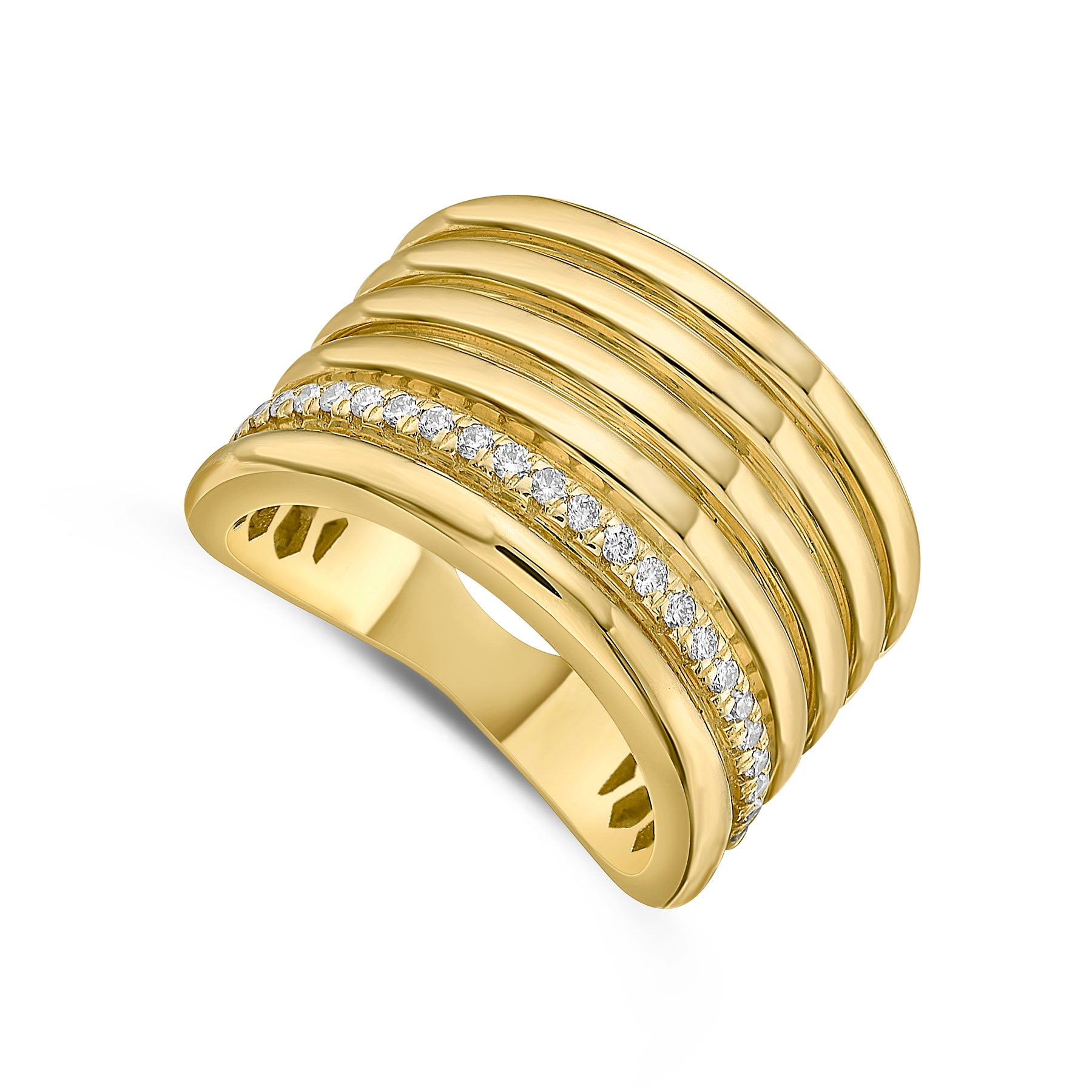 Wide High Polish Ribbed Diamond Ring