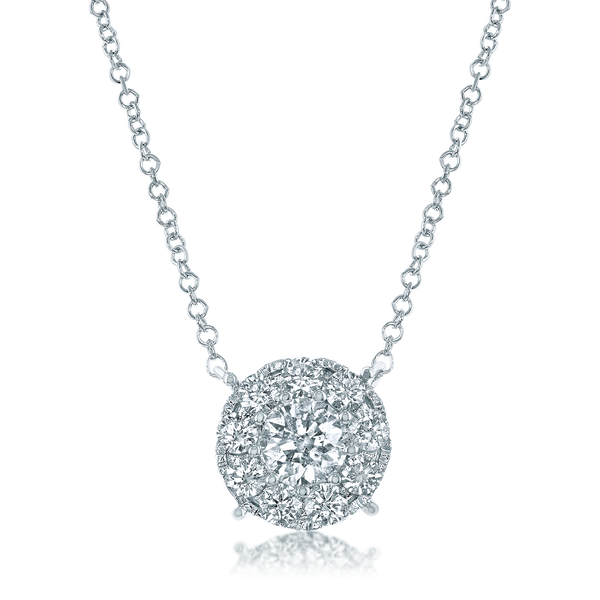 Round Cut Diamond V-Shape Cluster Pendant Necklace in White Gold